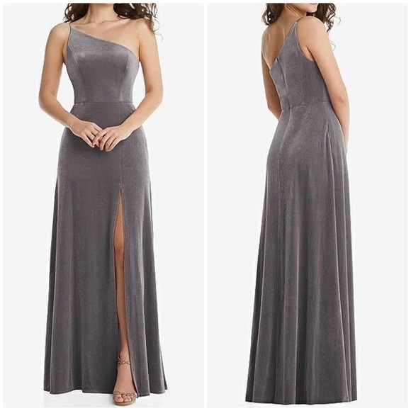 NWT After Six One Shoulder Spaghetti Strap Velvet Maxi Dress Gown Caviar Gray 8 - Picture 1 of 12